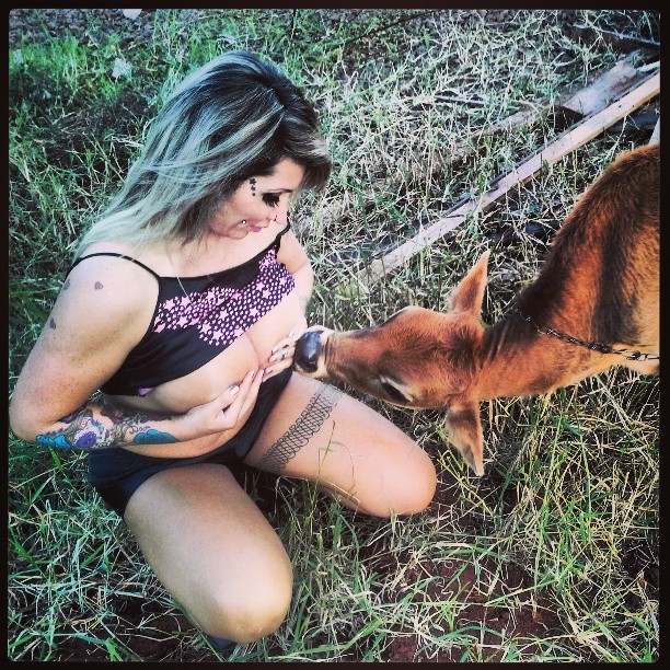 Sabrina Boing Boing To Close to baby calf with Breasts out 