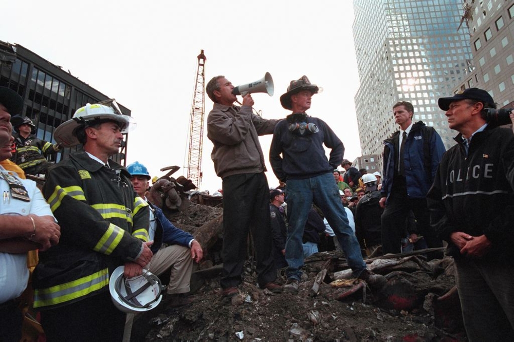 George Bush at his first trip to ground zero 
