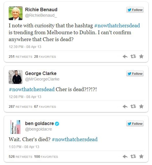 Poorly-Worded Hashtag for the Late Margaret Thatcher Makes People Think Cher is Dead