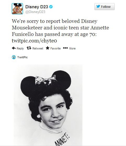 BREAKING NEWS: Legendary Mouseketeer Annette Funicello Dead at 70