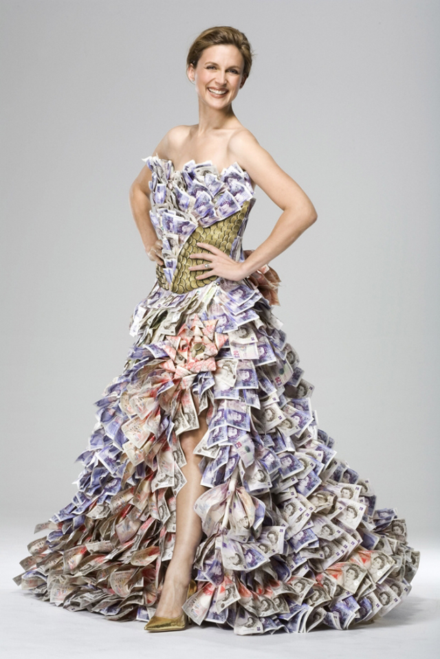 I wouldn't call this a waste material. This priceless dress is made out of authentic British Pound paper currency