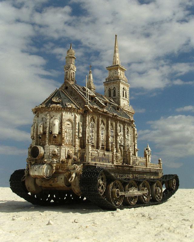 “Churchtanks”, sculptures by Kris Kuksi.