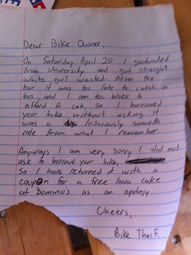 Best Bike Thief Ever Returns Bike With Hilarious Note