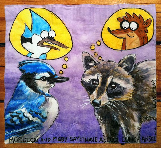 “Mordecai and Rigby from Regular Show with Blue Jay and Raccoon”