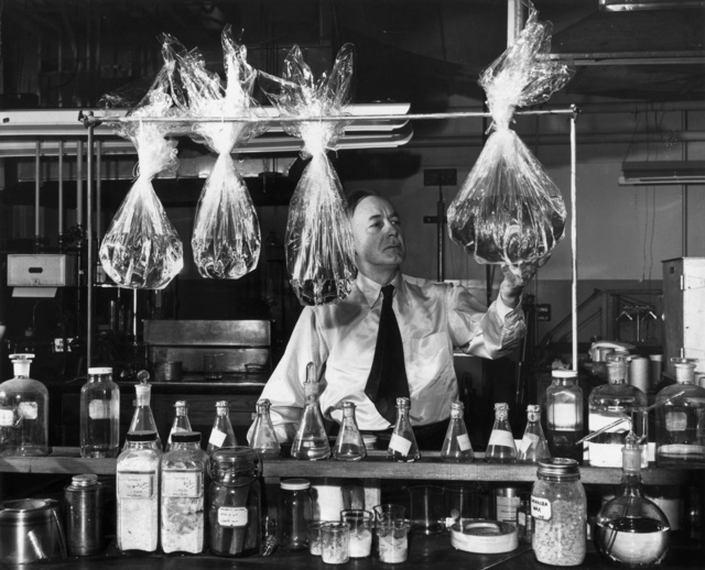 Dr. Hale Charch, a member of the team which invented moisture proof cellophane in his laboratory, c. 1927