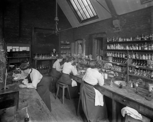Female undergraduates at work in the laboratory at Girton College, Cambridge University, c. 1900