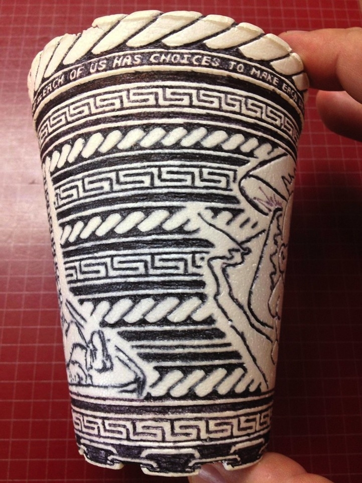 Incredibly detailed pen drawings on styrofoam cup 