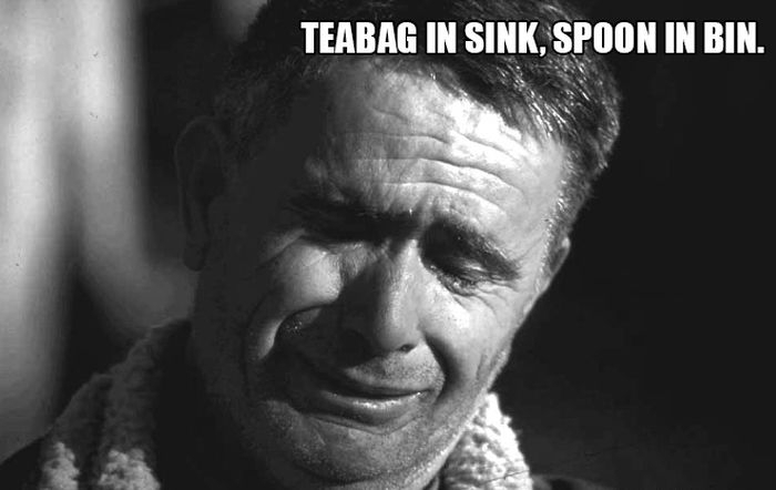 Teabag in sink, spoon in bin