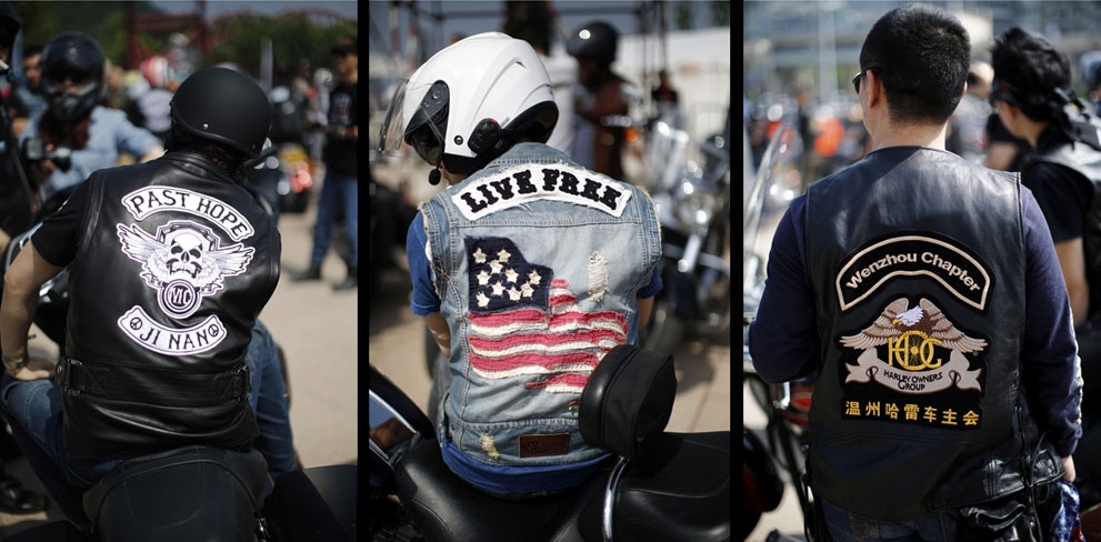 Emblems on the backs of motorcycles rider jackets, at the annual Harley Davidson National Rally in Qian Dao Lake, on May