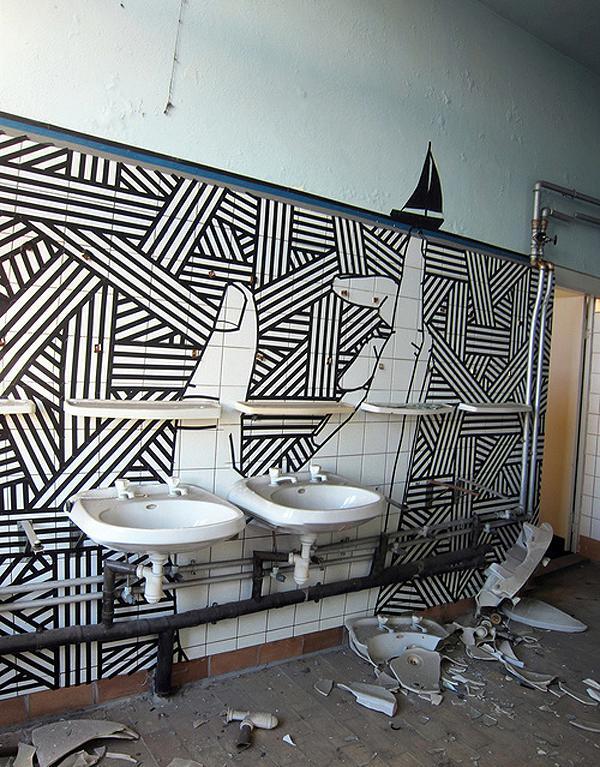 Abandoned Bathroom Masking Tape Art 