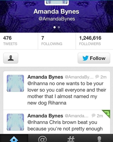 Amanda Bynes Has fallen off some imaginary ledge and lashes at Rihanna
