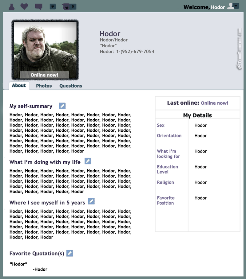 Hodor's Dating Profile