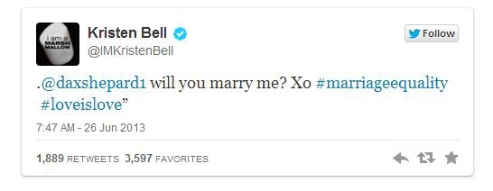 Now That Their Gay Friends Can Marry, Kristen Bell Proposes on Twitter