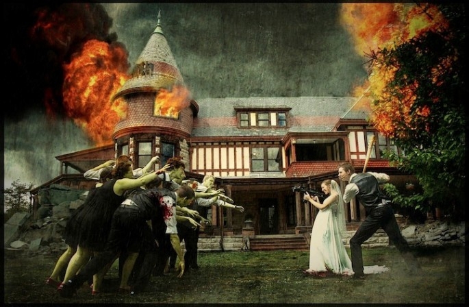 Wedding photos featuring the bridal party being terrifyingly attacked