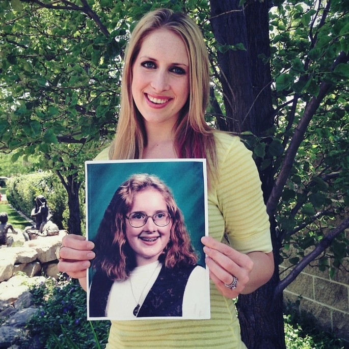Nice-looking ladies posing with photos of themselves as awkward kids