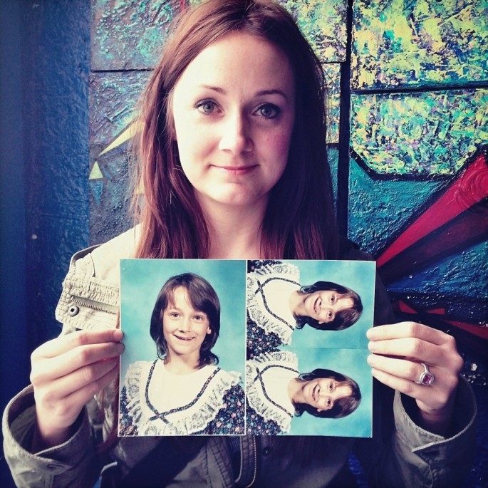 Nice-looking ladies posing with photos of themselves as awkward kids