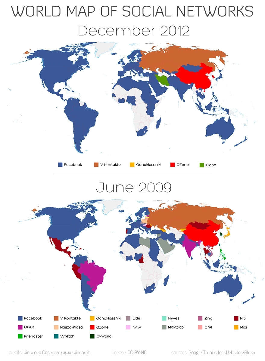 World Map of Social Networks 2009 vs 2012