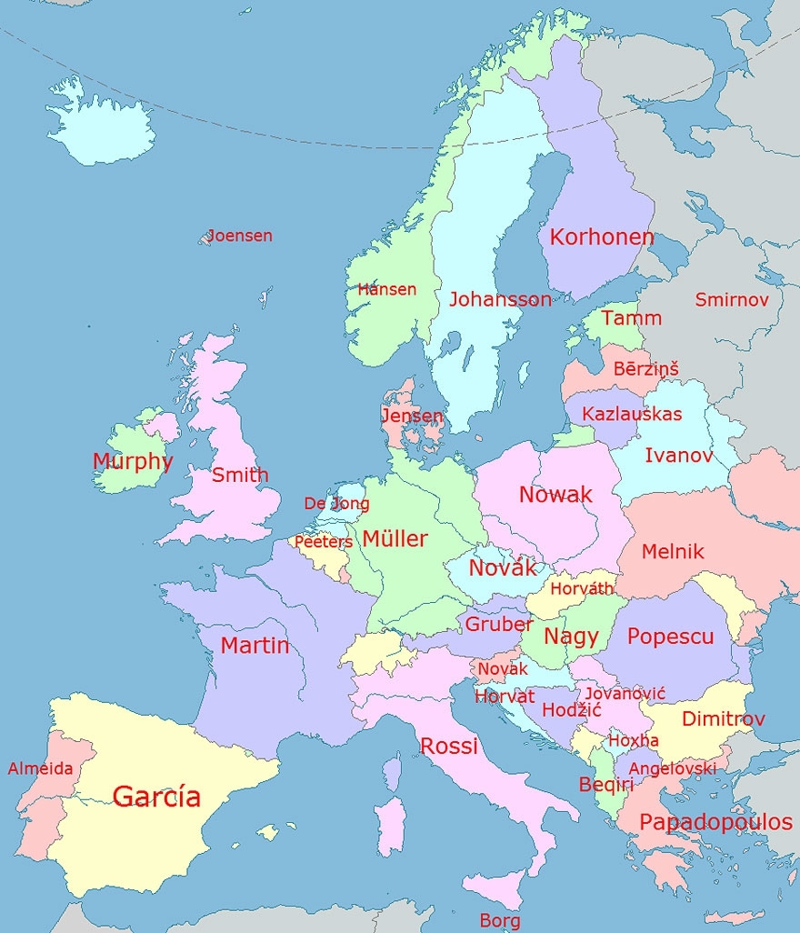 Map of the Most Common Surnames in Europe