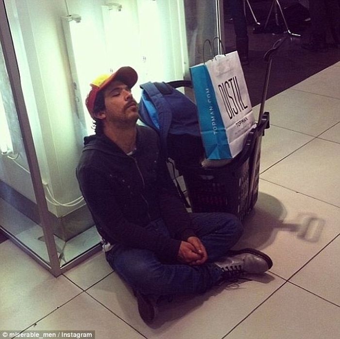 Photos of tired men in shopping centers