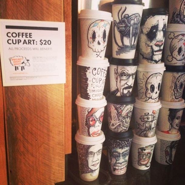 Unusual drawings on coffee cups