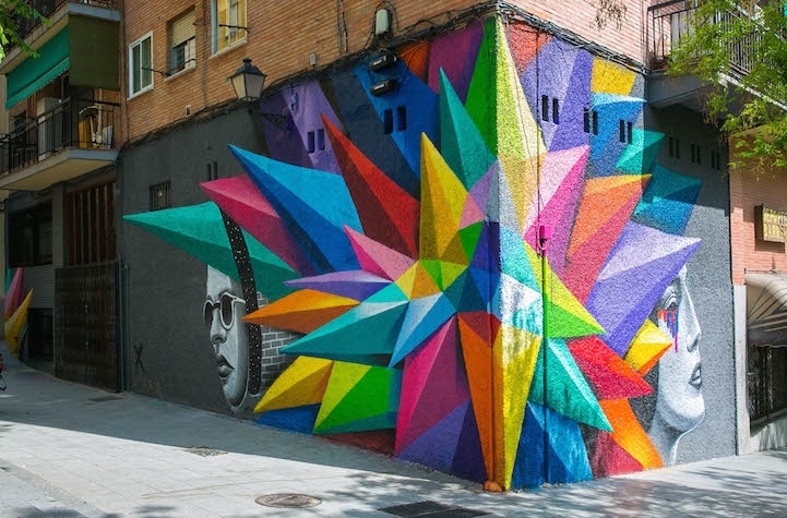 Vibrant Geometric Street Art by Okudart in Madrid