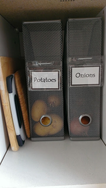 Organize produce like potatoes and onions.