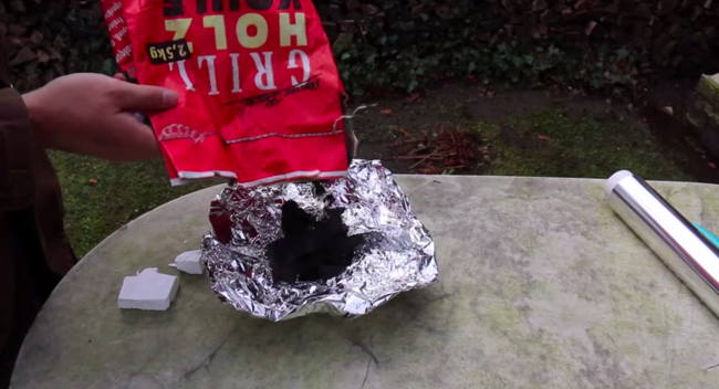 Step 4: Fill the aluminum foil with charcoal.