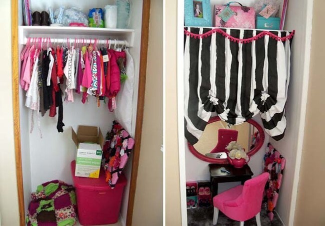 Hide kid's clothes with a curtain and set up a cute play vanity underneath it.