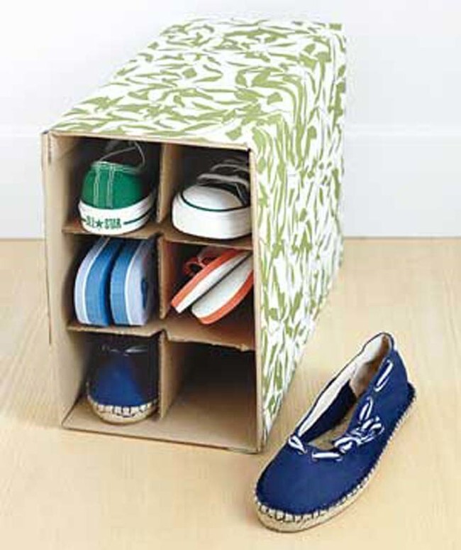 An old wine box makes great sneaker and sandal storage.