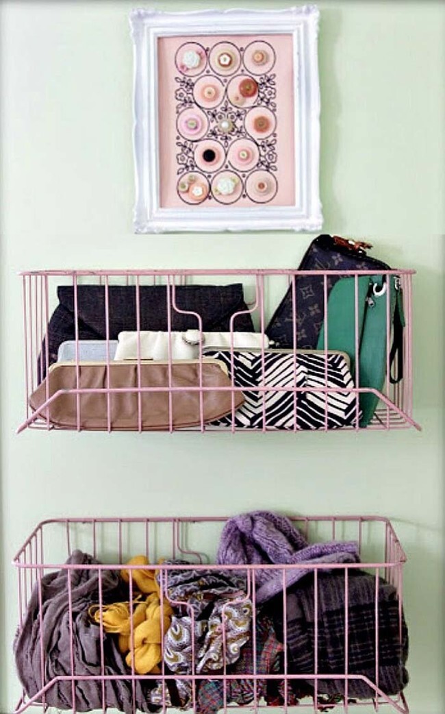 Attach cheap wire baskets to closet doors and walls to create extra space for purses and scarves.
