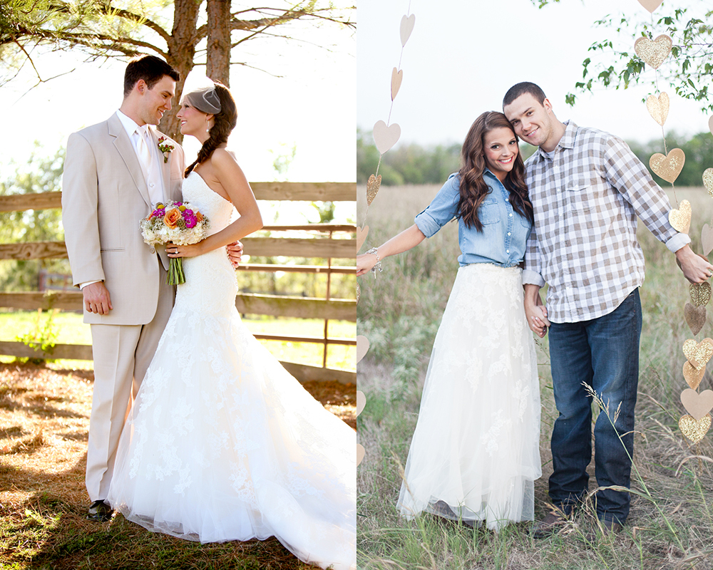 Christina D. paired the tulle skirt of her gown with a casual chambray shirt for her wedding anniversary photo shoot.