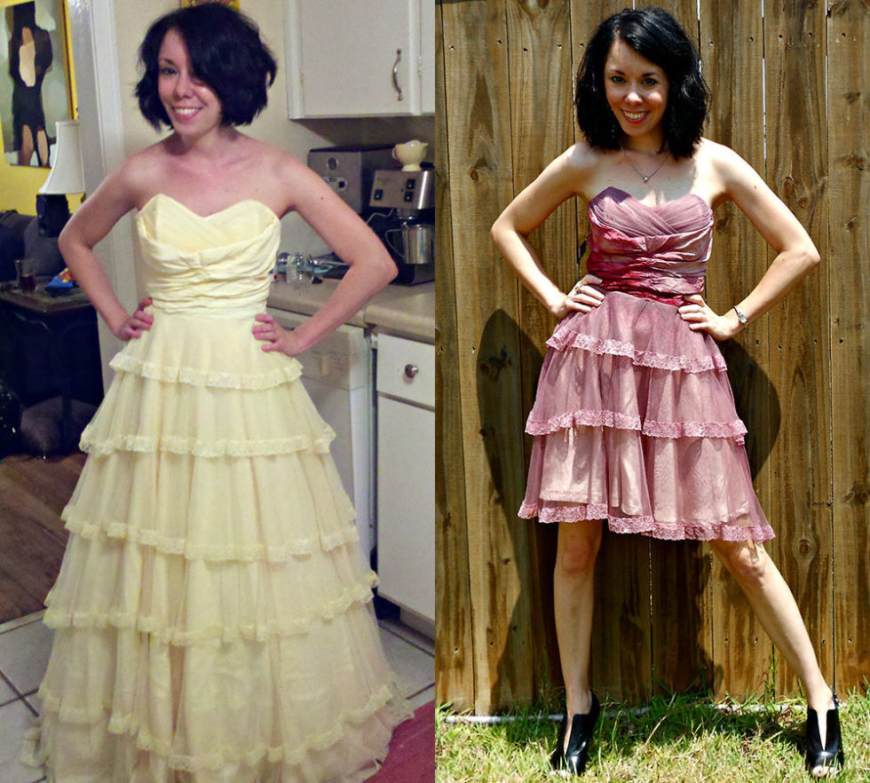 Jillian refashioned a vintage gown into a flirty fuchsia number with some scissors and a dye job.