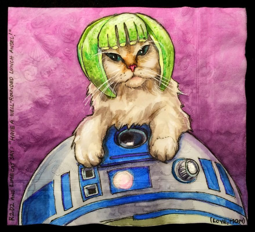 I Draw Famous Robots With Celebrity Cats On My Sons‘ Lunchbox Napkins