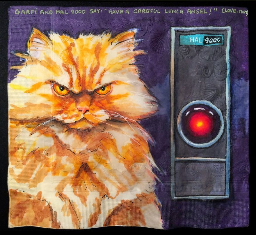 I Draw Famous Robots With Celebrity Cats On My Sons‘ Lunchbox Napkins