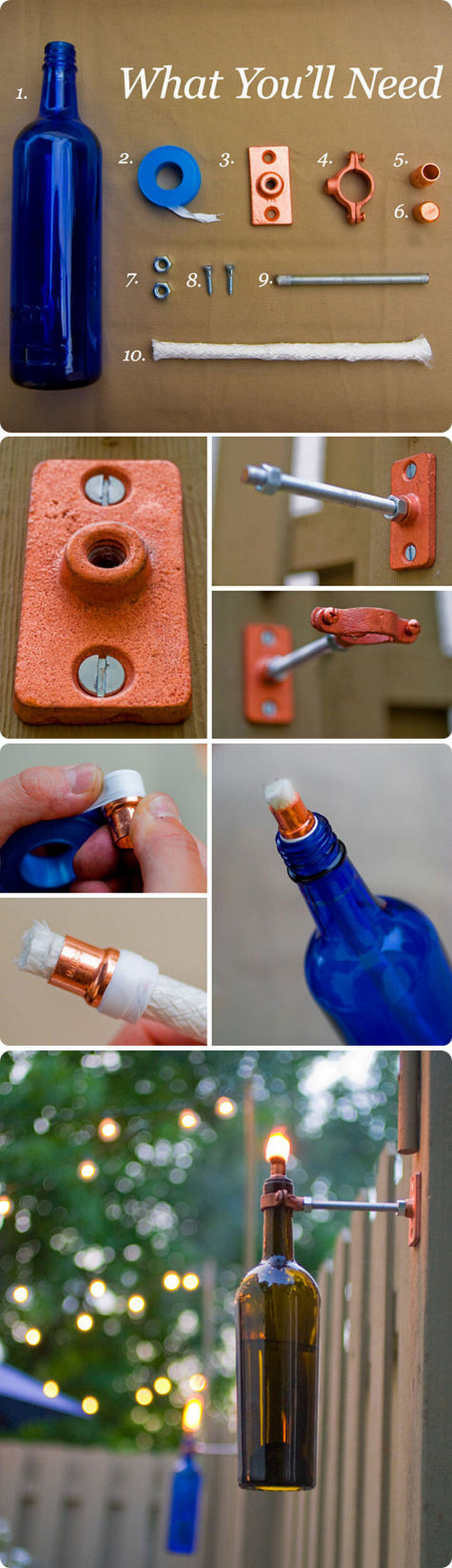 10) Create tiki torches with wine bottles for those warm summer nights