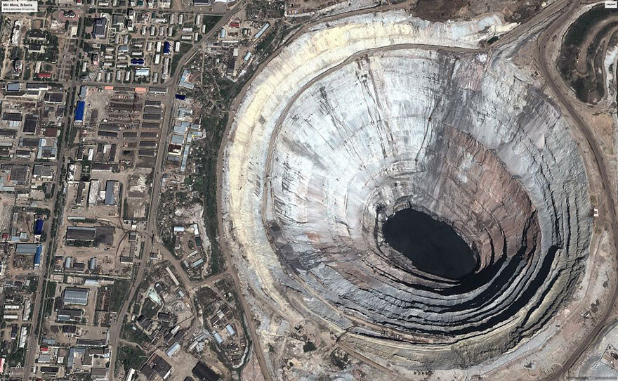 Mir mine, Russia. This gigantic hole is the world’s biggest diamond mine.