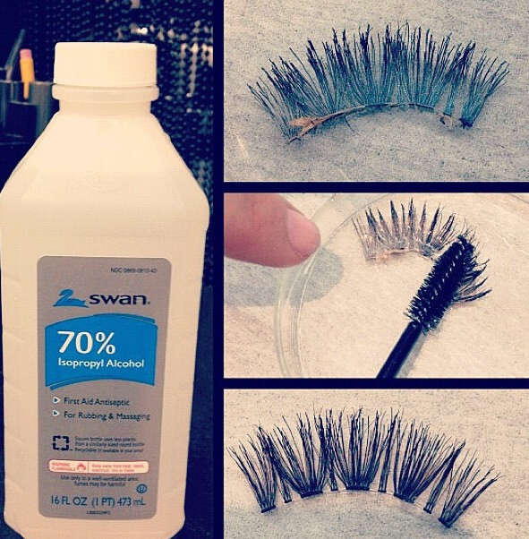 Use isopropyl alcohol and a disposable mascara wand to clean glue off of false eyelashes.
