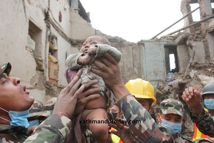 …until he heard his son cry out from beneath the rubble