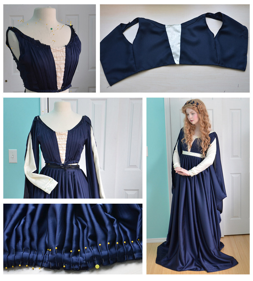 This pleated navy Renaissance dress used 12 yards of fabric!