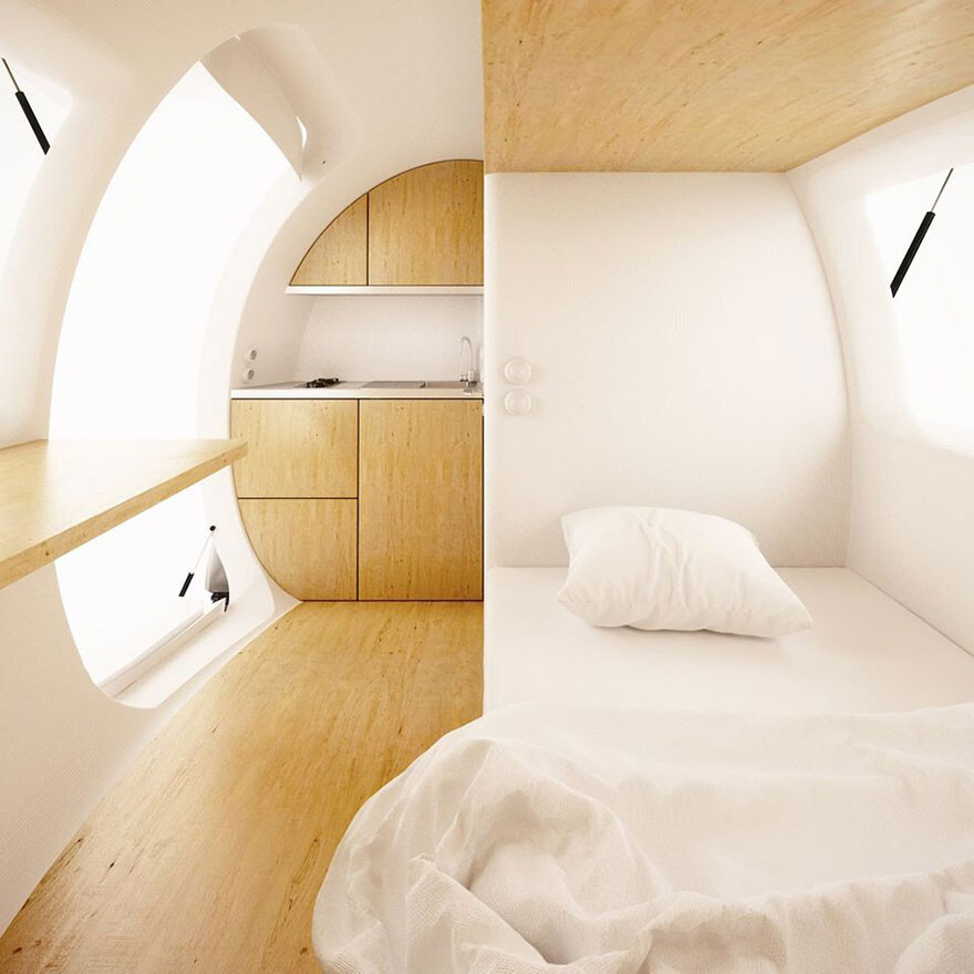 Its interior can comfortably sleep two, and provide 8 sq meters of living space