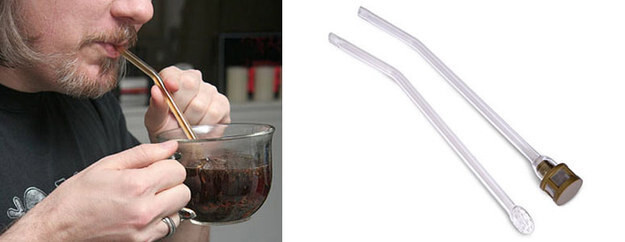 This filtering glass straw so you can drink a cup that still has the grounds in it: