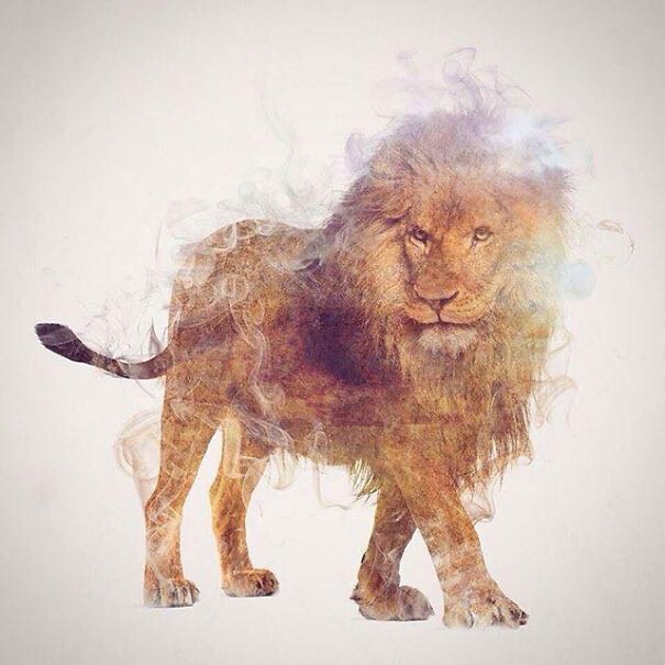 Wild Animals, Smoke And Nature Merged In My Double Exposure Photos