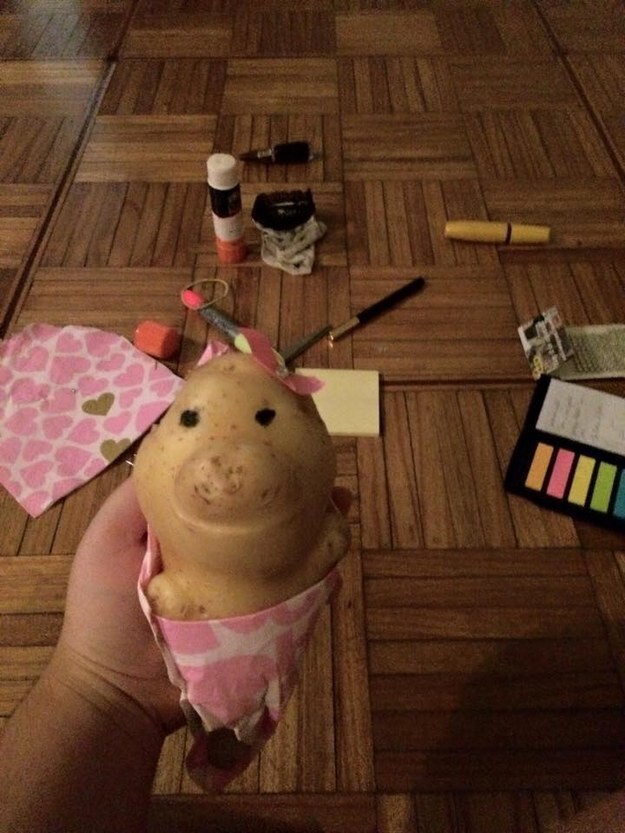 And then gave her a cute little outfit. Bernardo said that the potato’s name is “Potato”.