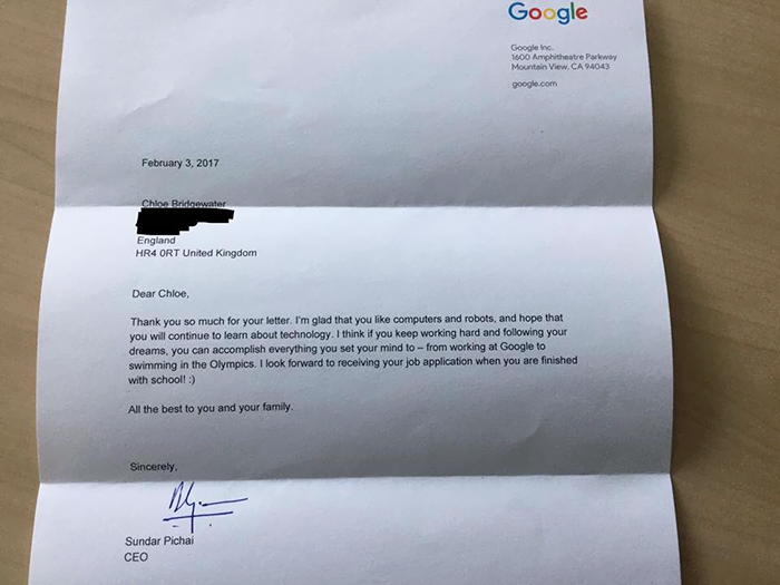 He showed her pictures of the beanbags, slides, and go-karts at Google HQ, and Chloe couldn’t resist writing them a letter. She got this reply a few days later