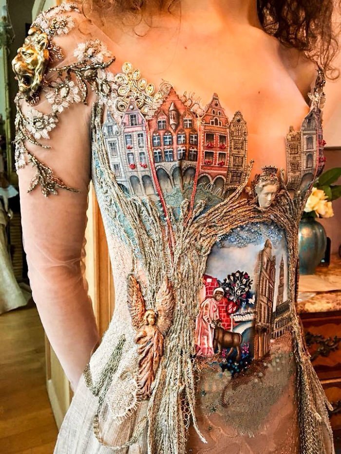 Painted ‘old town’ dress, encrusted with lace