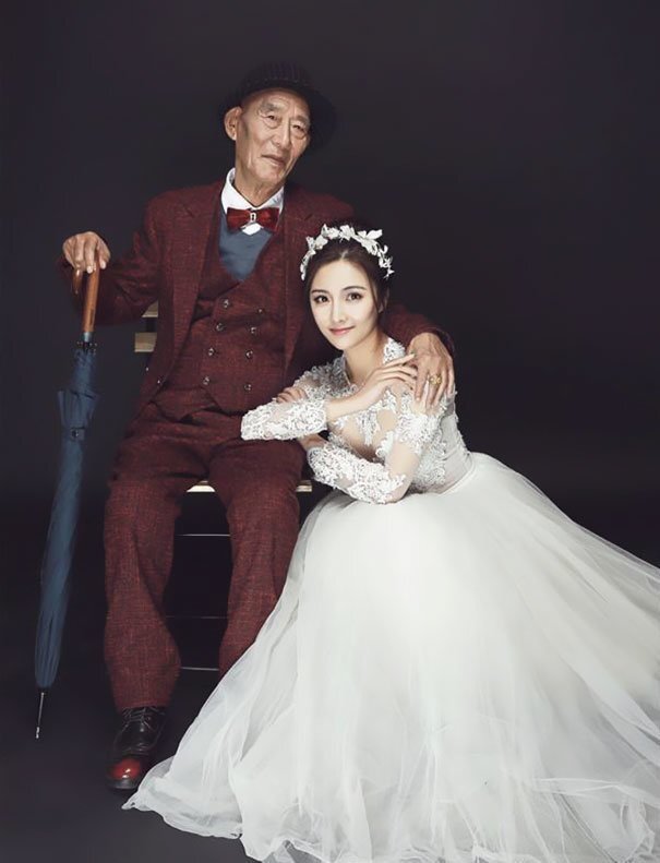 Despite no groom present, she wore a white wedding gown for her grandpa