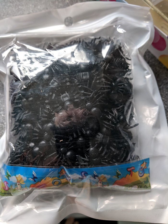 “Oh look, my bag of 200 plastic spiders arrived!”