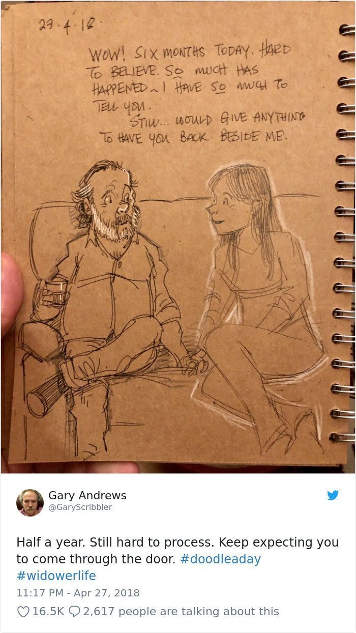He started drawing some doodles in his journal to document the daily life without his soulmate and found that expressing his emotions helped a bit