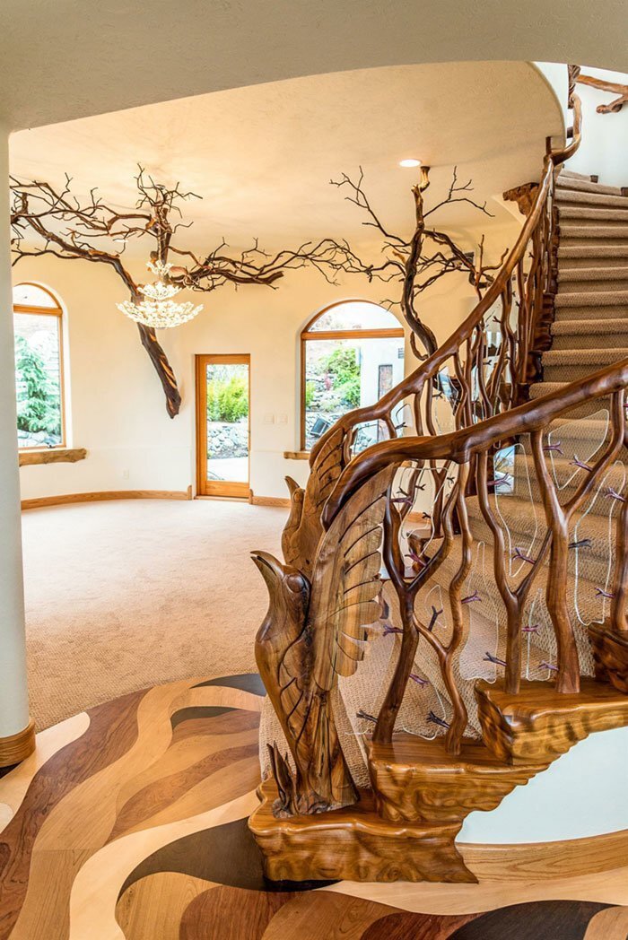This elaborate staircase was carved from manzanita branches (indigenous tree)
