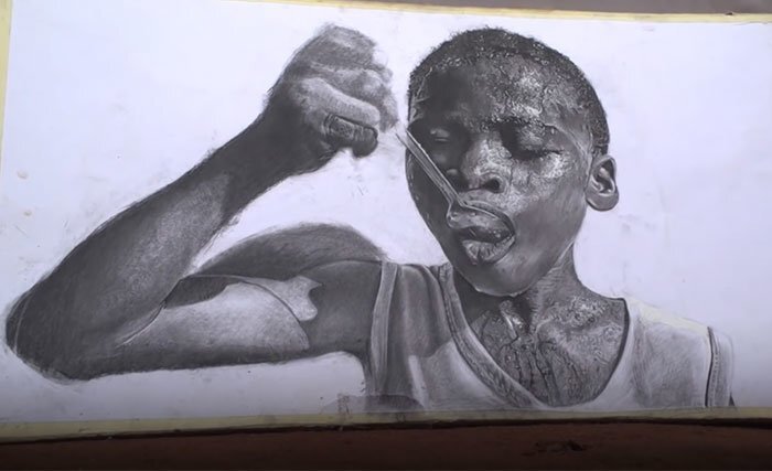 It depicts a person eating in sweat and tears